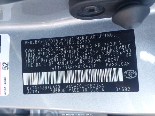 4T1F11AK4PU164220 Toyota CAMRY XLE