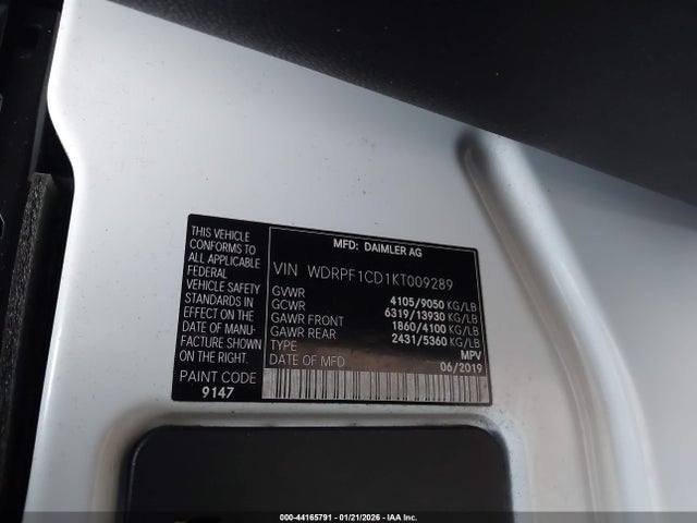 Aukcja sprzedaży 2019 Freightliner Sprinter 2500 High Roof V6, vin: WDRPF1CD1KT009289, numer aukcji: 44165791