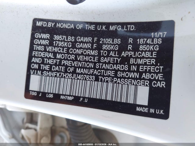 SHHFK7H26JU407633 Honda Civic Lx