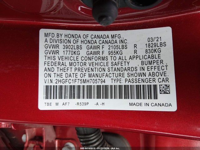 2HGFC1F75MH705794 Honda Civic Ex-l
