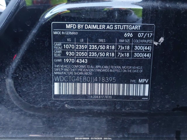 WDCTG4EB0JJ418395 Mercedes-Benz GLA 250