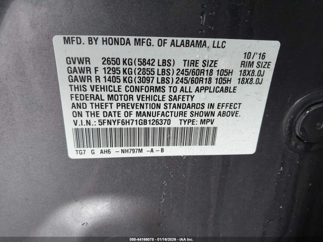 5FNYF6H71GB126370 Honda Pilot Ex-l