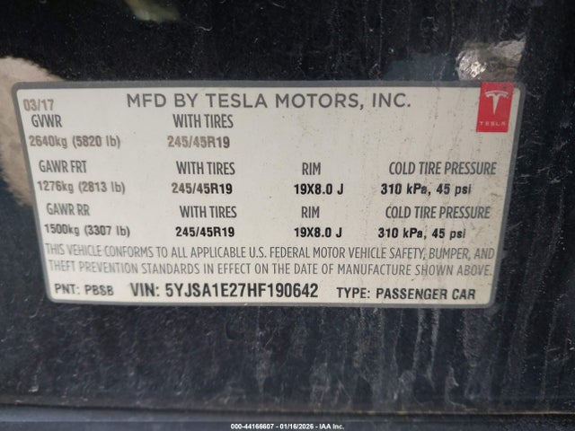 44166607 :رقم المزاد ، 5YJSA1E27HF190642 vin ، 2017 Tesla Model S مزاد بيع