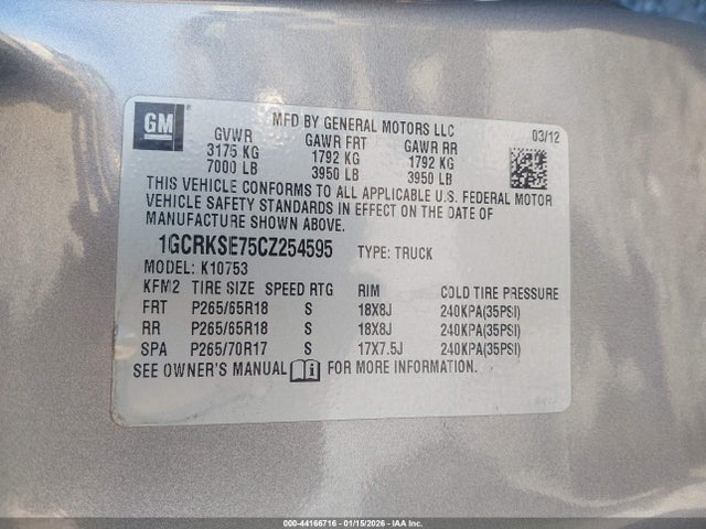 44166716 :رقم المزاد ، 1GCRKSE75CZ254595 vin ، 2012 Chevrolet Silverado 1500 Lt مزاد بيع