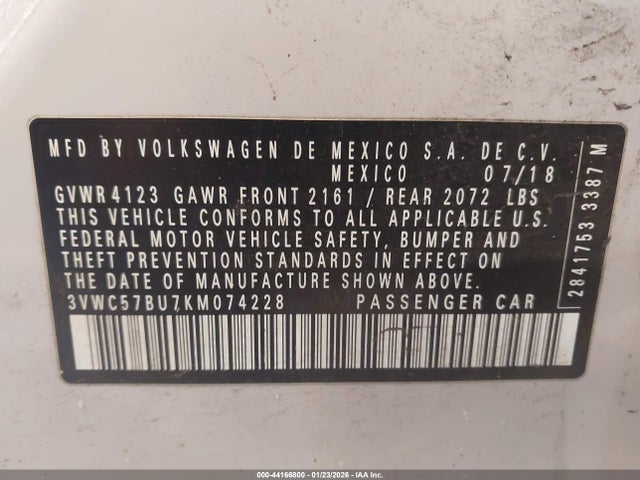 Aukcja sprzedaży 2019 Volkswagen Jetta 1.4t R-line/1.4t S/1.4t Se, vin: 3VWC57BU7KM074228, numer aukcji: 44166800