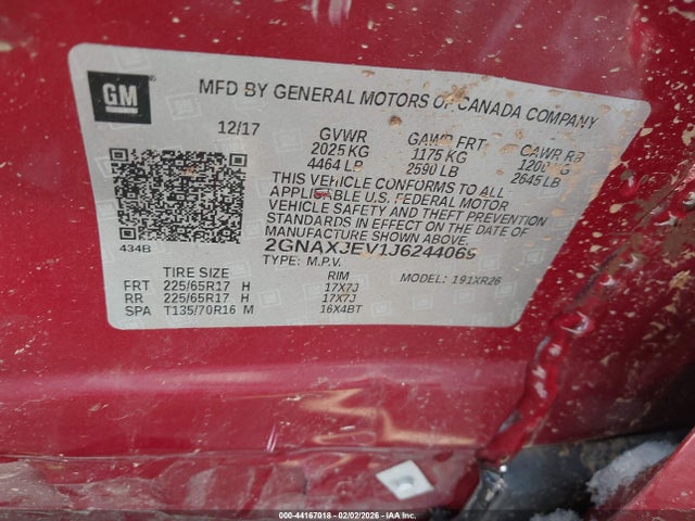Aukcja sprzedaży 2018 Chevrolet Equinox Lt, vin: 2GNAXJEV1J6244069, numer aukcji: 44167018