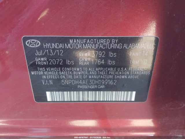 44167041 :رقم المزاد ، 5NPDH4AE3DH199162 vin ، 2013 Hyundai Elantra Gls/limited مزاد بيع