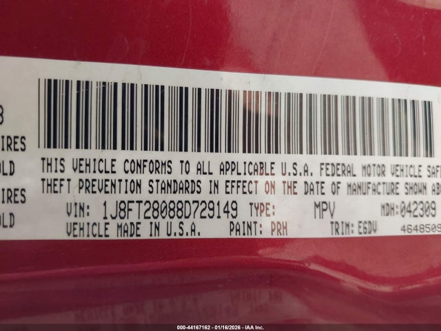 44167162 :رقم المزاد ، 1J8FT28088D729149 vin ، 2008 Jeep Patriot Sport مزاد بيع