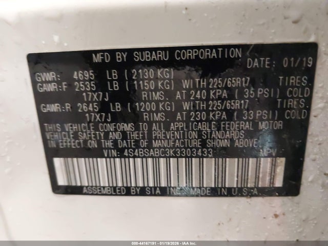 2019 Subaru Outback 2.5i მანქანა იყიდება აუქციონზე, vin: 4S4BSABC3K3303433, აუქციონის ნომერი: 44167191