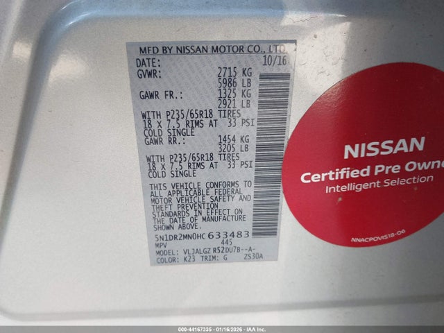 44167335 :رقم المزاد ، 5N1DR2MN0HC633483 vin ، 2017 Nissan Pathfinder Sl مزاد بيع