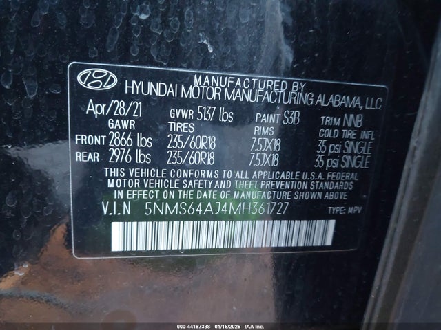 5NMS64AJ4MH361727 Hyundai Santa Fe Sel