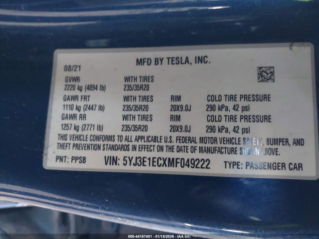 Aukcja sprzedaży 2021 Tesla Model 3 Performance Dual Motor All-wheel Drive, vin: 5YJ3E1ECXMF049222, numer aukcji: 44167401