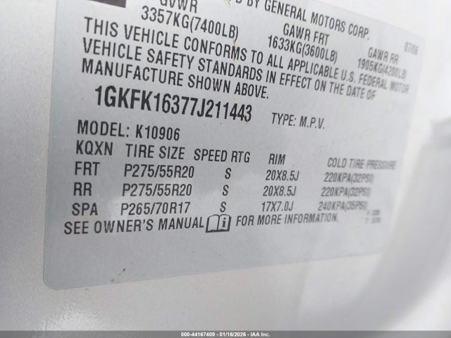 44167409 :رقم المزاد ، 1GKFK16377J211443 vin ، 2007 Gmc Yukon Xl 1500 Slt مزاد بيع