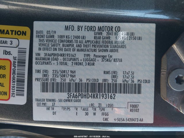 2019 FORD FUSION 3FA6P0HD4KR193162 Photo 8