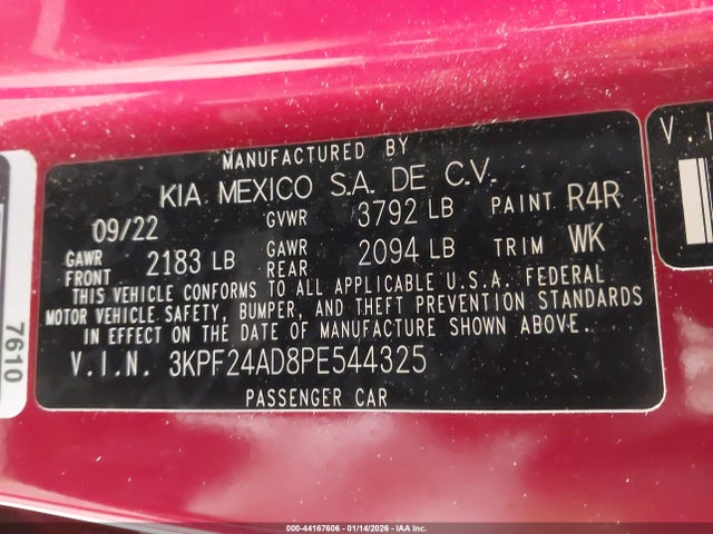 3KPF24AD8PE544325 KIA Forte Lxs
