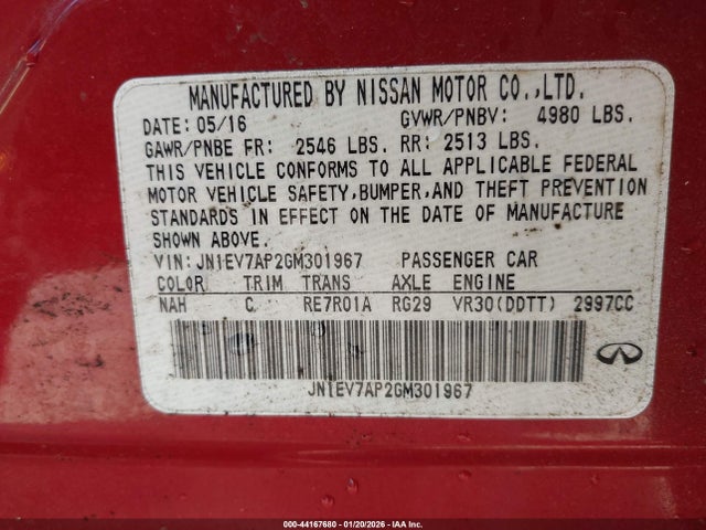 Продаж на аукціоні авто 2016 Infiniti Q50 3.0t Premium, vin: JN1EV7AP2GM301967, номер лоту: 44167680