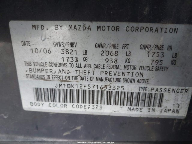 Aukcja sprzedaży 2007 Mazda Mazda3 I Sport, vin: JM1BK12F571653325, numer aukcji: 44167729