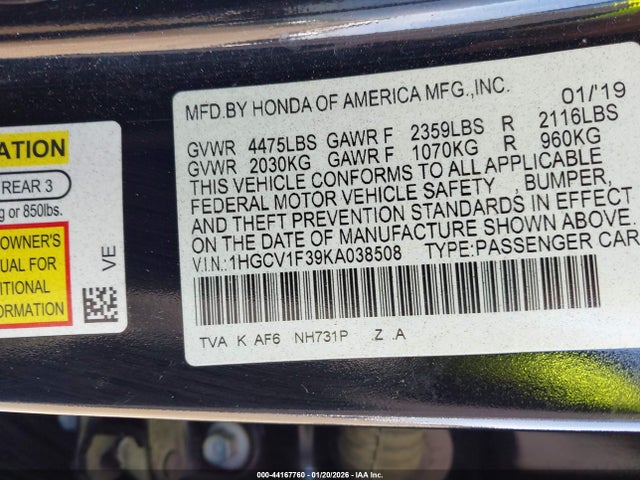 Продажа на аукционе авто 2019 Honda Accord Sport, vin: 1HGCV1F39KA038508, номер лота: 44167760