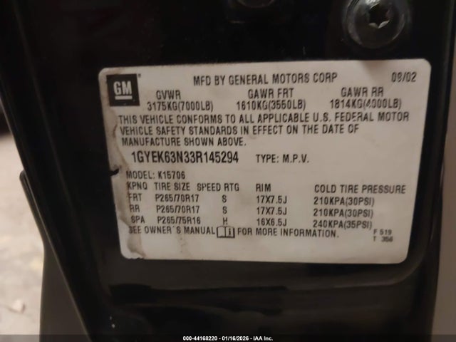 Продаж на аукціоні авто 2003 Cadillac Escalade Standard, vin: 1GYEK63N33R145294, номер лоту: 44168220