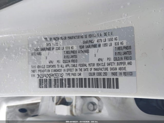Aukcja sprzedaży 2023 Mazda Mazda3 2.5 S Preferred, vin: 3MZBPACM2PM353742, numer aukcji: 44168231