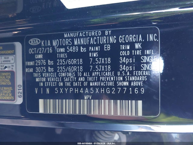 5XYPH4A5XHG277169 KIA Sorento 3.3l Ex