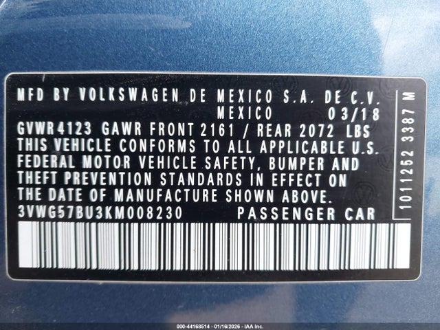 3VWG57BU3KM008230 Volkswagen Jetta 1.4t Sel Premium
