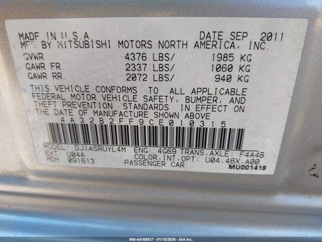 2012 MITSUBISHI GALANT 4A32B2FF9CE010315 Photo 8