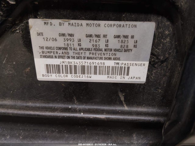 44168633 :رقم المزاد ، JM1BK343571691698 vin ، 2007 Mazda Mazda3 S Touring مزاد بيع