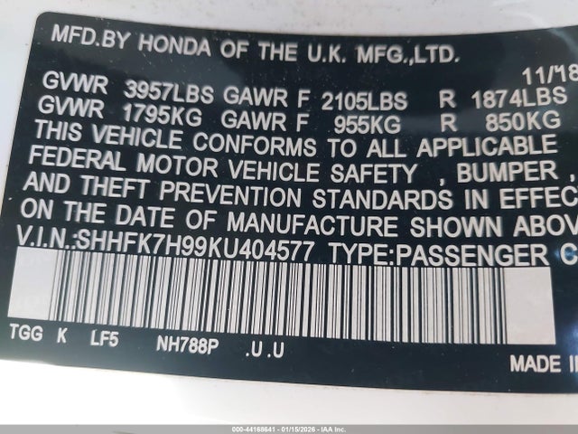 SHHFK7H99KU404577 Honda Civic Sport Touring