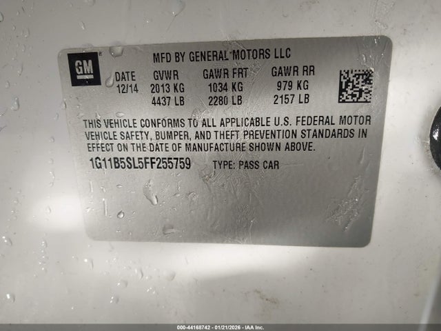 Продаж на аукціоні авто 2015 Chevrolet Malibu Ls, vin: 1G11B5SL5FF255759, номер лоту: 44168742
