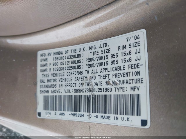 2004 HONDA CR-V SHSRD78844U251960 Photo 8