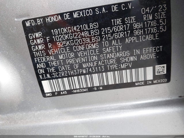 3CZRZ1H37PM743113 Honda Hr-v 2wd Lx