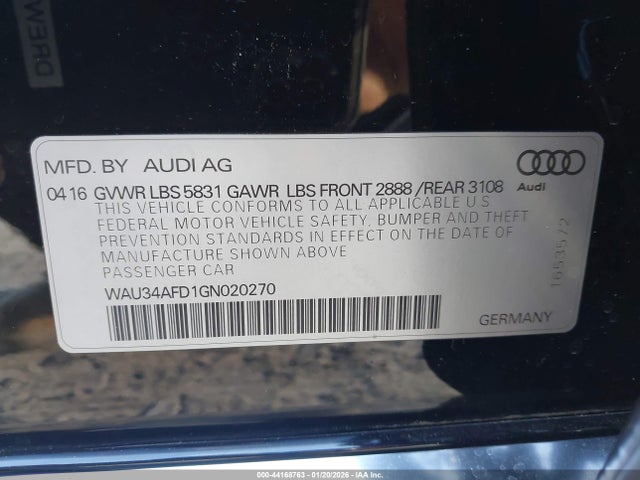 44168763 :رقم المزاد ، WAU34AFD1GN020270 vin ، 2016 Audi A8 L 3.0t مزاد بيع