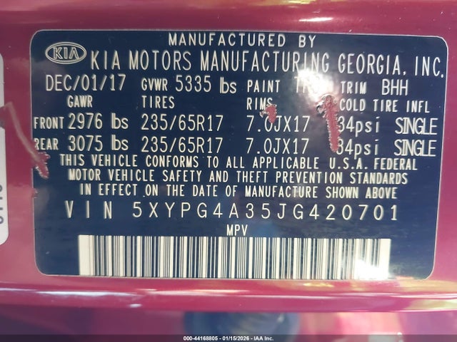 5XYPG4A35JG420701 KIA Sorento 2.4l Lx