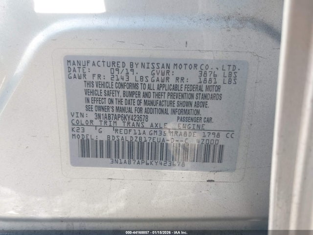 2019 Nissan Sentra Sv მანქანა იყიდება აუქციონზე, vin: 3N1AB7AP6KY423678, აუქციონის ნომერი: 44168857