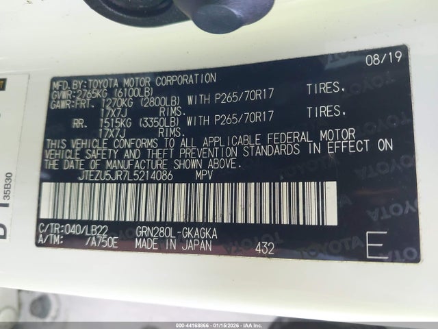 2020 TOYOTA 4RUNNER JTEZU5JR7L5214086 Photo 8