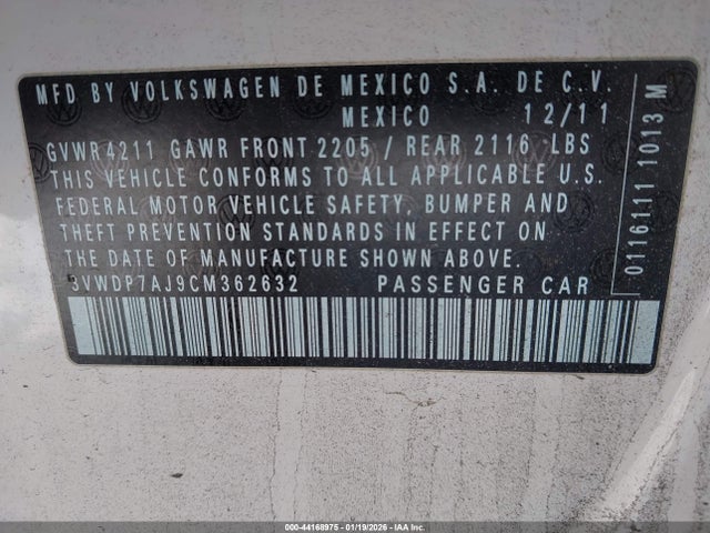 44168975 :رقم المزاد ، 3VWDP7AJ9CM362632 vin ، 2012 Volkswagen Jetta 2.5l Se مزاد بيع