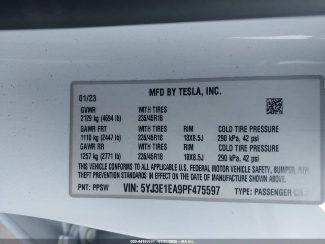 44168981 :رقم المزاد ، 5YJ3E1EA9PF475597 vin ، 2023 Tesla Model 3 Rear-wheel Drive مزاد بيع