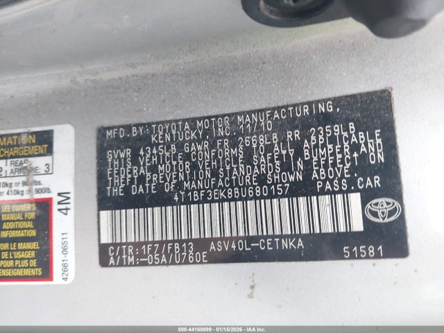 Auction sale of the 2011 Toyota Camry, vin: 4T1BF3EK8BU680157, lot number: 44168999