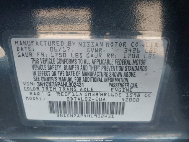 Aukcja sprzedaży 2017 Nissan Versa 1.6 Sv, vin: 3N1CN7AP4HL902431, numer aukcji: 44169016