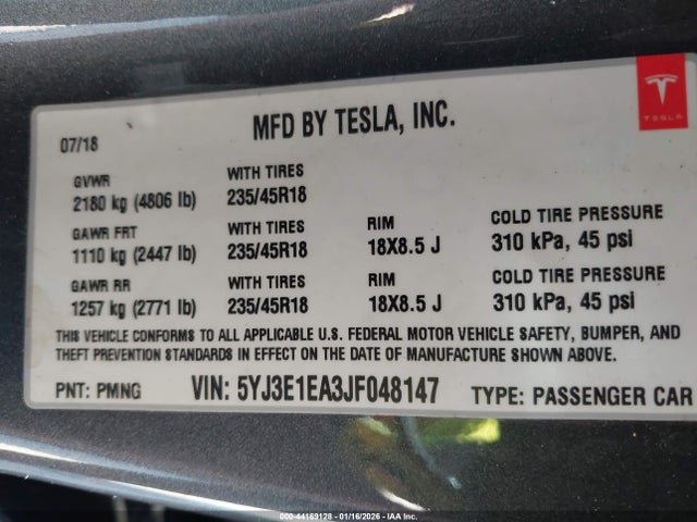2018 TESLA MODEL 3 5YJ3E1EA3JF048147 Photo 8