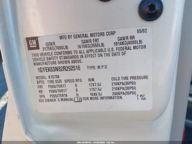 2002 CADILLAC ESCALADE 1GYEK63N82R292516 Photo 8