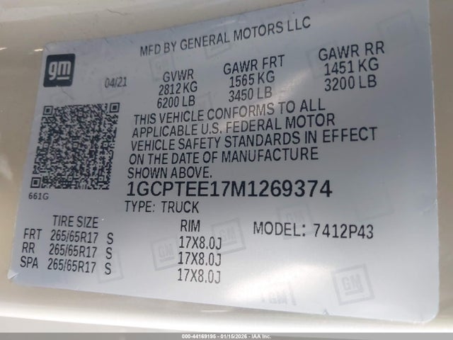 1GCPTEE17M1269374 Chevrolet Colorado 4wd Short Box Zr2