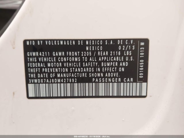 44169230 :رقم المزاد ، 3VWDX7AJ8DM427892 vin ، 2013 Volkswagen Jetta 2.5l Se مزاد بيع