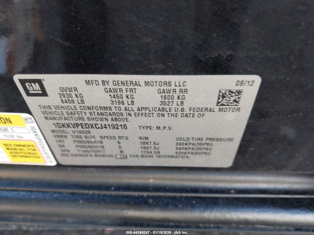 Aukcja sprzedaży 2012 Gmc Acadia Sle, vin: 1GKKVPEDXCJ419216, numer aukcji: 44169247