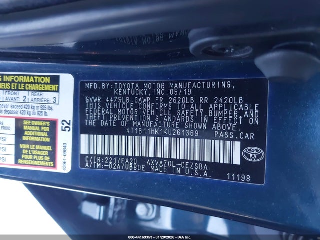 4T1B11HK1KU261369 Toyota CAMRY SE