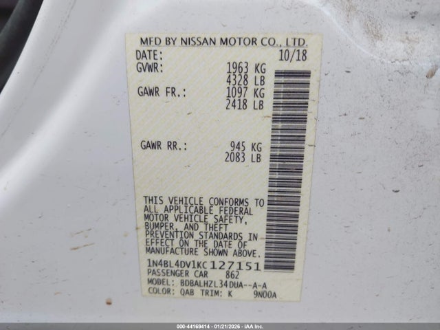 1N4BL4DV1KC127151 Nissan Altima 2.5 Sv