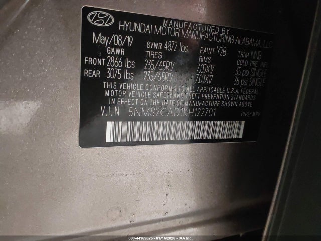 44169525 :رقم المزاد ، 5NMS2CAD1KH122701 vin ، 2019 Hyundai Santa Fe Se مزاد بيع