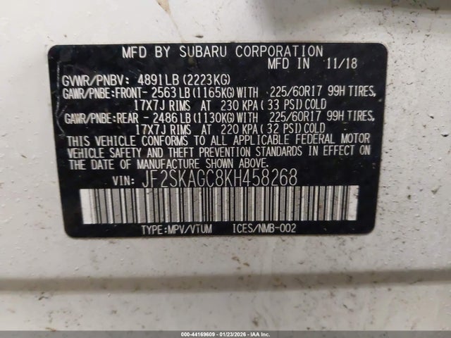 Aukcja sprzedaży 2019 Subaru Forester Premium, vin: JF2SKAGC8KH458268, numer aukcji: 44169609