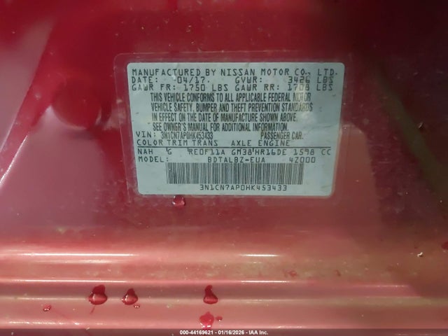 3N1CN7AP0HK453433 Nissan Versa 1.6 Sv